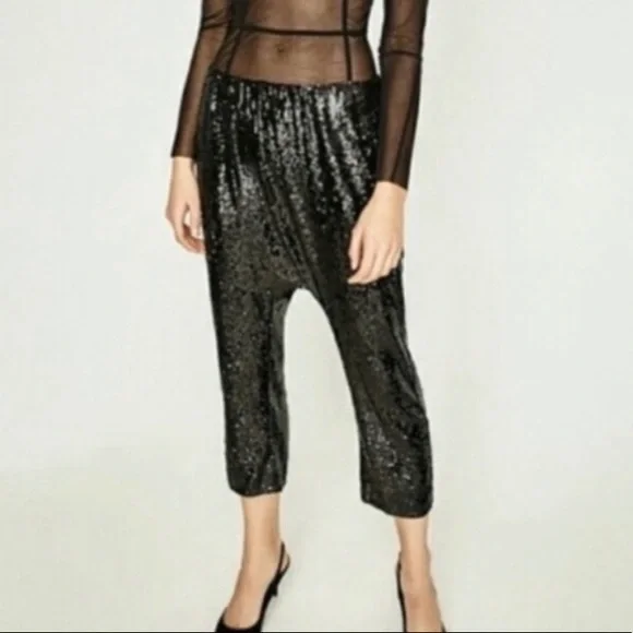 Pantalon Large à Sequins Zara Noir - Taille S, Style Harem/dress Pants, Neuf Avec étiquette